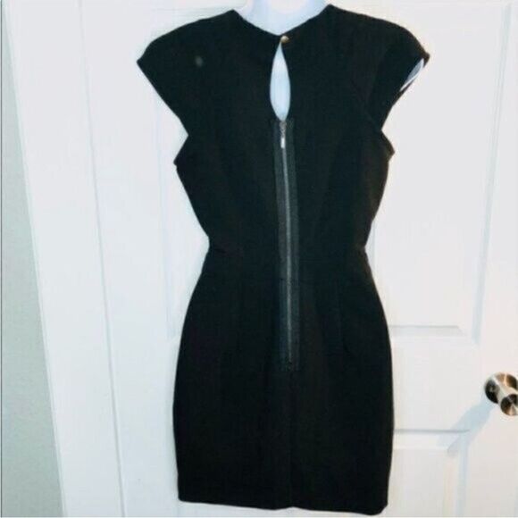 bebe Black Mini Sheath Dress Cap Sleeves Embellished Beaded Yoke Cocktail XXS - Picture 6 of 9